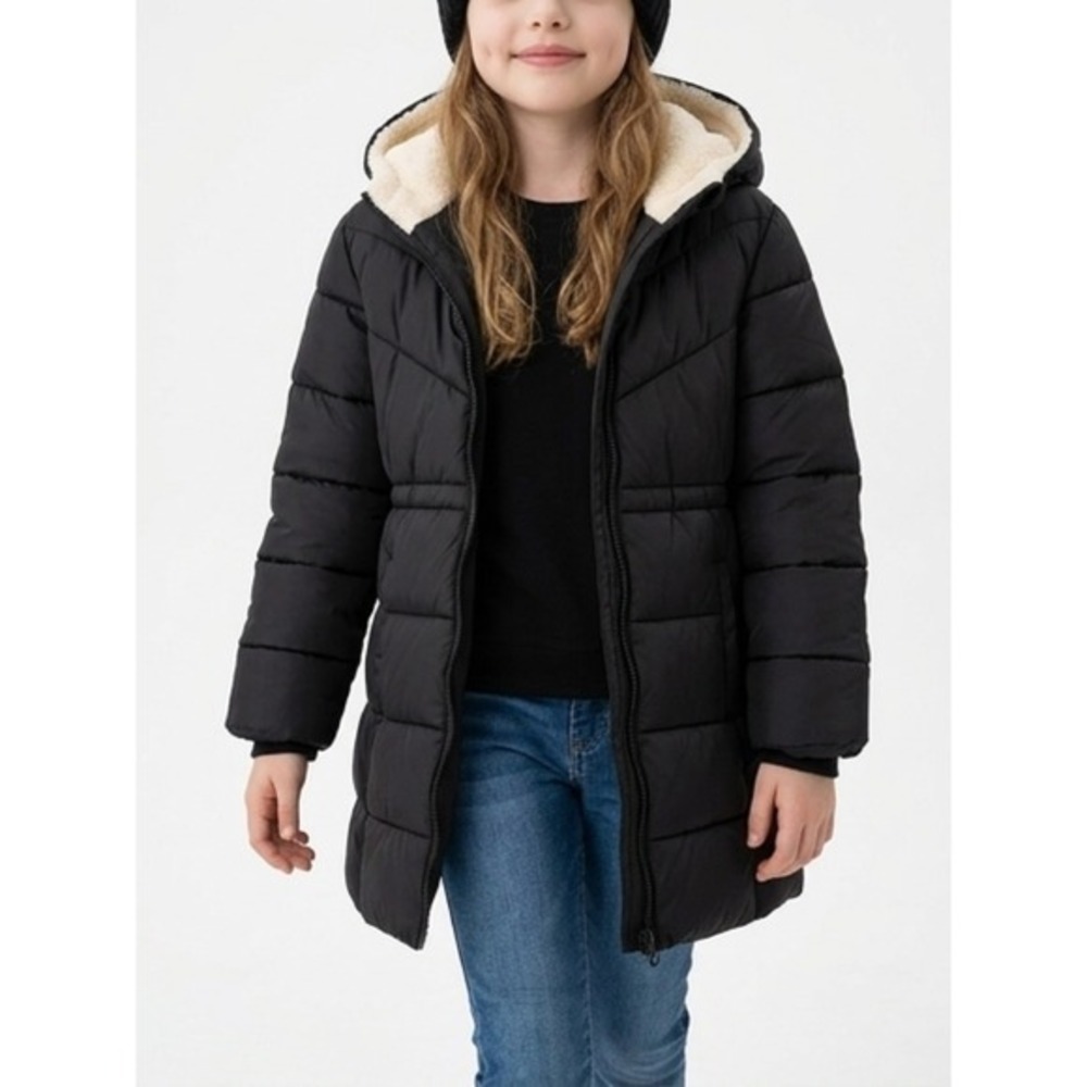 Mackenzie Reed Puffer Jacket Girls SZ 8Y Black Faux Fur Lined Hooded Winter Coat